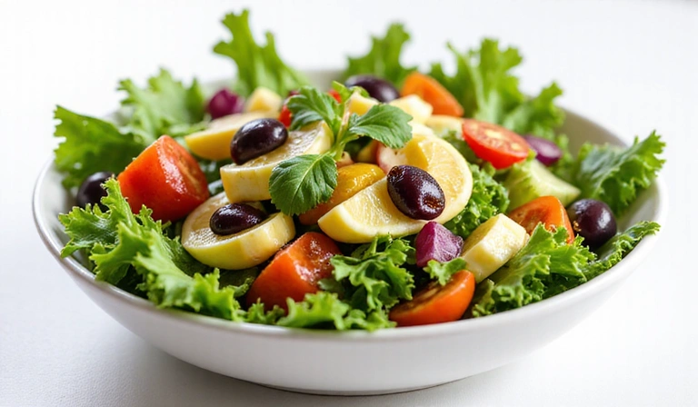A vibrant bowl of fresh salad with various colorful vegetables and a light dressing, symbolizing healthy eating