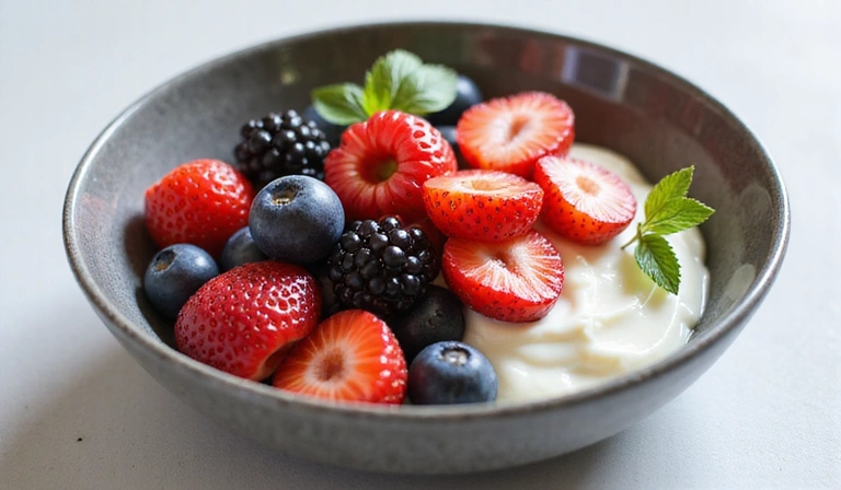 A bowl of fresh berries and yogurt, symbolizing healthy breakfast options