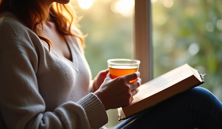 A person enjoying a cup of herbal tea and reading a book, symbolizing relaxation and healthy habits