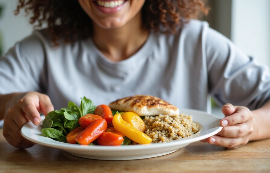 A person happily eating a healthy, colorful meal at a table, with a plate full of fresh vegetables, lean protein, and whole grains, symbolizing improved well-being.
