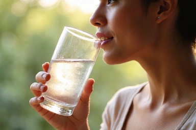 A person drinking water with a healthy glow, emphasizing hydration.