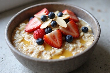 A vibrant image of fresh berries, oats, and nuts, representing a healthy breakfast.