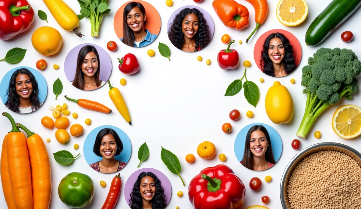 A collage of healthy food options and smiling people, symbolizing diverse success stories from Dietitian Depok.