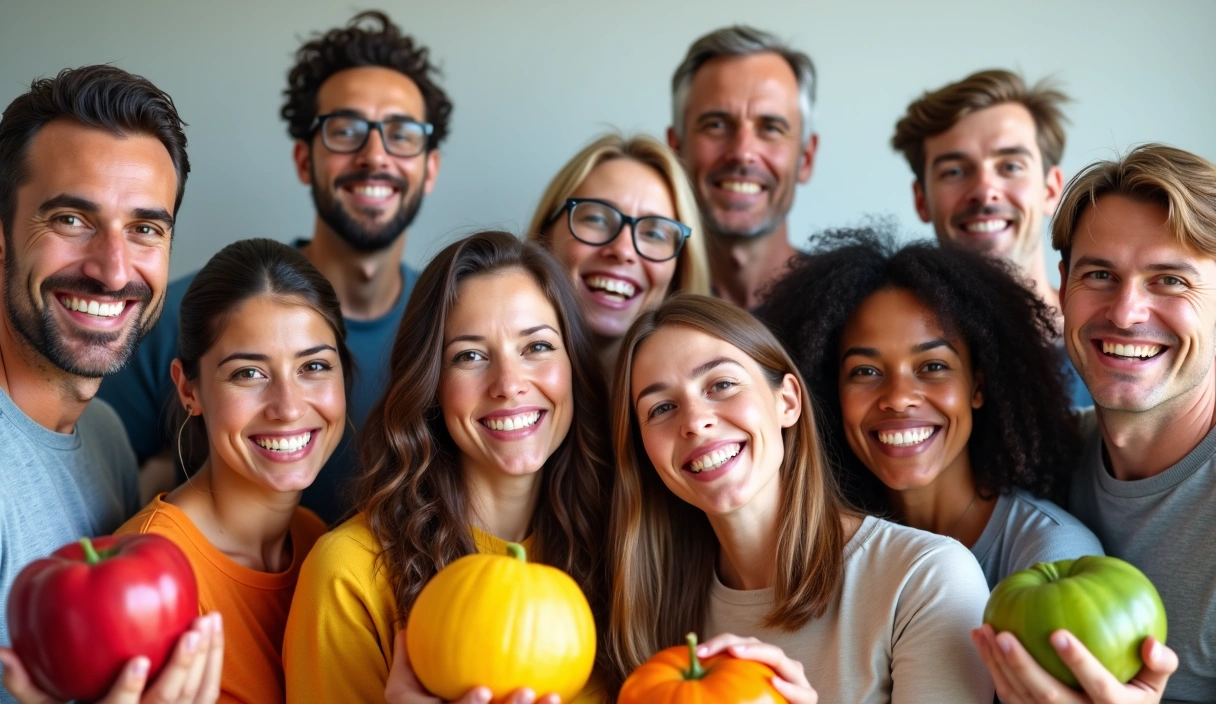 A group of smiling diverse people, representing successful clients of a nutritionist, celebrating their health achievements.